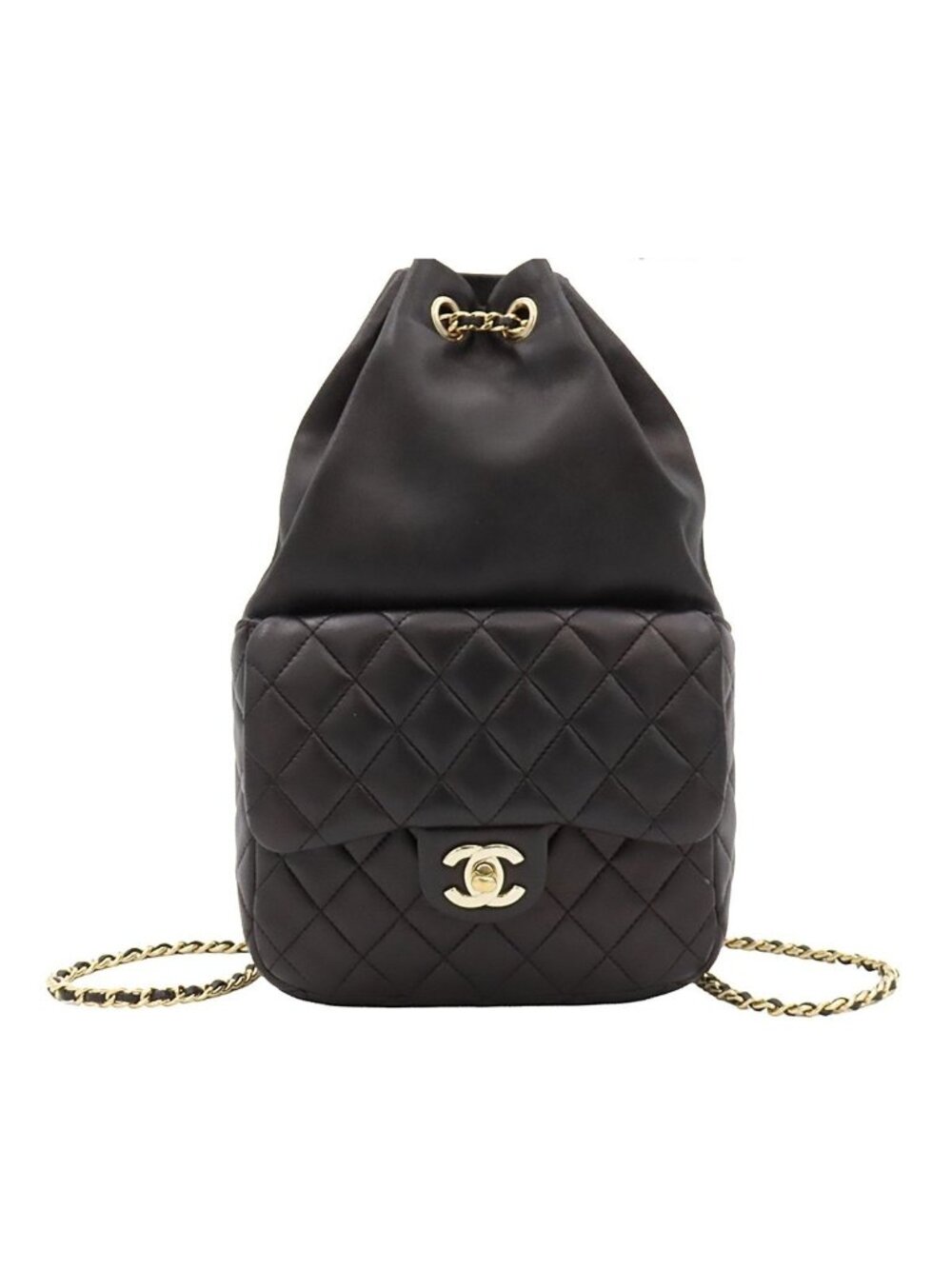Chanel Backpack Quilted Chain Drawstring Black Gold Lambskin